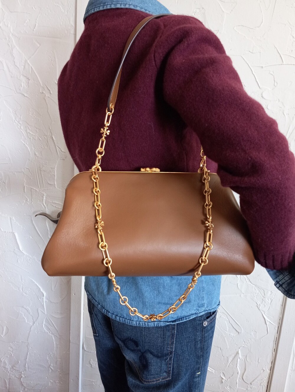 Tory Burch Cleo Shoulder Bag in Moose, Like New, Large size Frame bag.